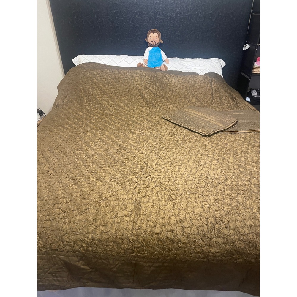 Hotel Collection Bronze 100% Silk Crinkle Textured Quilt Coverlet Set 2 Shams